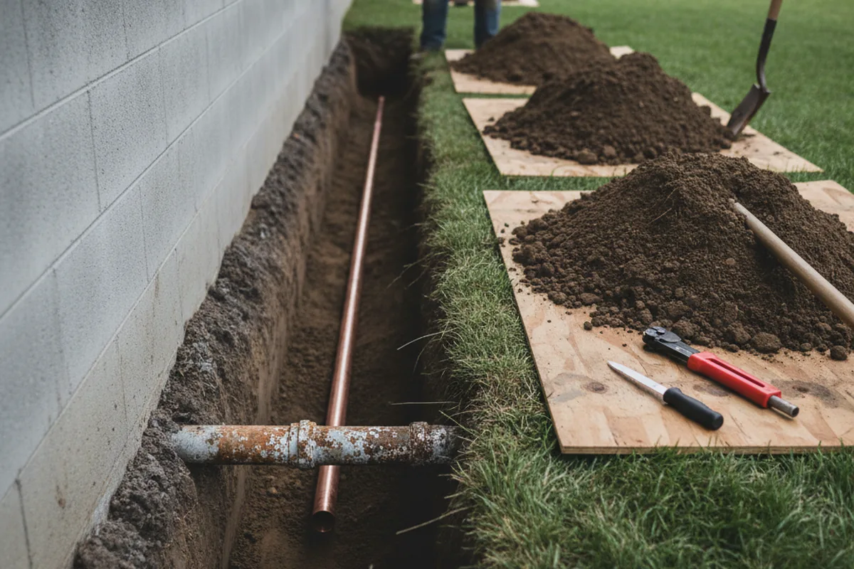 Excavated water line trench during Sewer Line Repair in Dustin